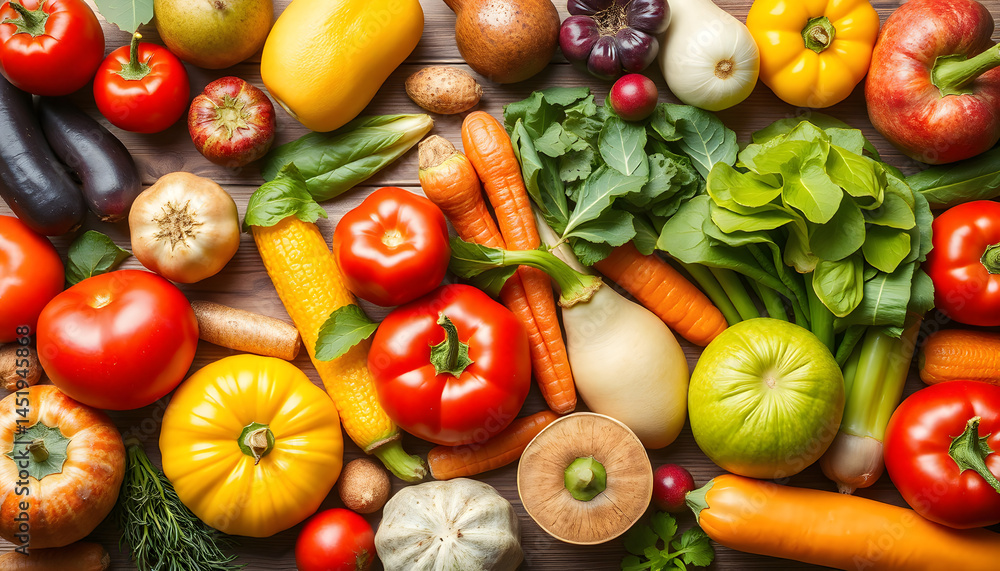 Food background with assortment of fresh organic fruits and vegetables, flat design. with white shades Food background with assortment of fresh organic fruits and vegetables, flat design. with white shades