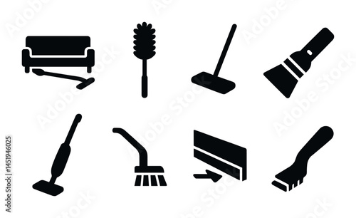 Cleaning tools solid icons set – silhouette, filled, household and hygiene symbols