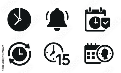 Time management solid icons set – schedule, calendar, clock symbols