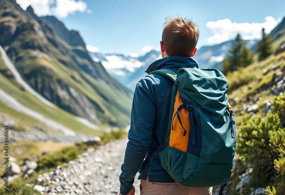 Small backpack, scenic mountain path, solo hiker, wild, outdoor Small backpack, scenic mountain path, solo hiker, wild, outdoor