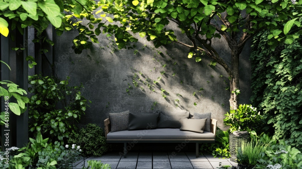 Serene garden patio with bench and lush greenery Serene garden patio with bench and lush greenery