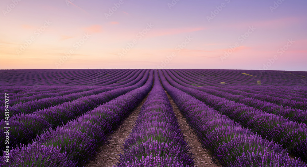 Endless Rows Of Lavender Field At Sunset With Beautiful Pastel Sky Endless Rows Of Lavender Field At Sunset With Beautiful Pastel Sky