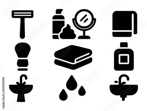 Bathroom essentials solid icons set – filled, silhouette, hygiene and grooming symbols