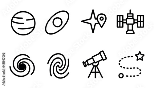 Astronomy outline icons set – celestial, space design, stargazing symbols