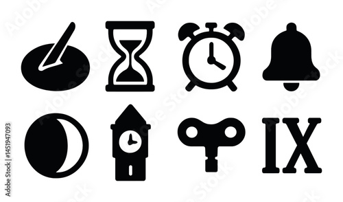 Time and clocks solid icons set – alarms, timers, hourglass symbols