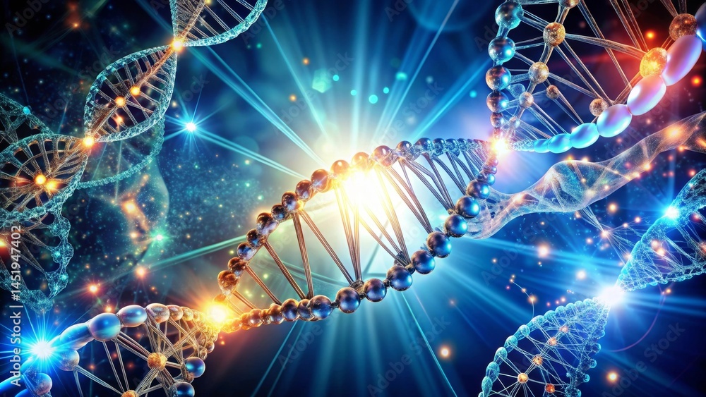 Obraz premium Illuminated Double Helix A Microscopic View of Genetic Material Intertwined with Radiant Energy and Glowing Particles
