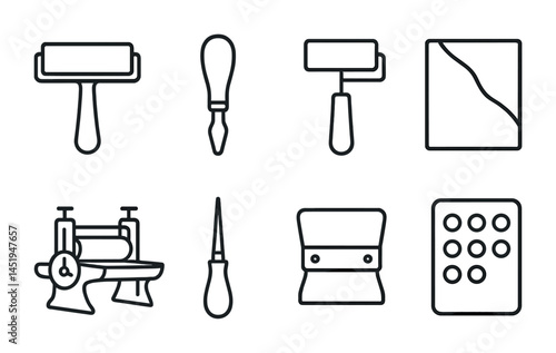 Printmaking tools outline icons set – silhouette, linear, artistic crafts symbols