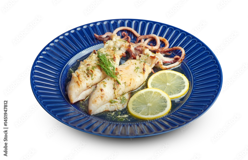 Grilled squid served with lemon slices and herbs on a deep blue plate, isolated on white background. Grilled squid served with lemon slices and herbs on a deep blue plate, isolated on white background.