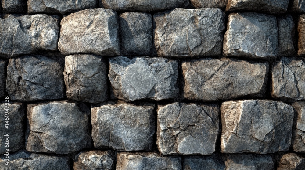A stone wall composed of irregular rectangular blocks. A stone wall composed of irregular rectangular blocks.