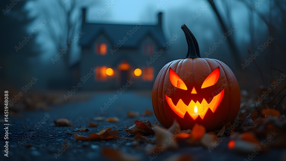 Spooky Halloween Jack-o'-lantern on Dark Night Spooky Halloween Jack-o'-lantern on Dark Night