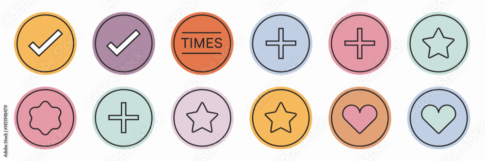 Obraz premium Circular sticker icons of basic symbols – Great for UI/UX design kits, educational tools, or graphic resources