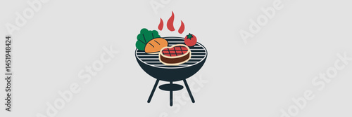 Barbecue icon sheet with sizzling steak, bun, lettuce, and tomato