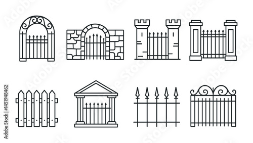 Fence and gate outline icons set – line, silhouette, barrier and security symbols