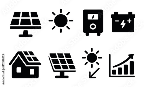 Solar energy icons set – solid, filled, renewable and eco-friendly symbols