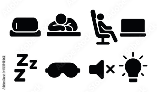 Sleep and relaxation solid icons set – flat, silhouette, rest and comfort symbols