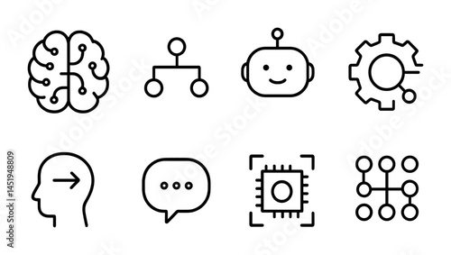 Artificial intelligence outline icons set – tech, ai, machine learning symbols