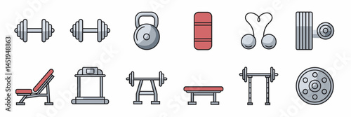 Minimalist gym icon set with dumbbell, barbell, kettlebell, and other fitness gear – Great for fitness apps, personal training programs, or health-focused marketing