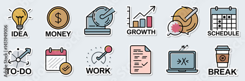 Business icon sticker pack with text elements like “Idea,” “Money,” “Growth,” and “Work” – Ideal for planners, productivity tools, or office decor