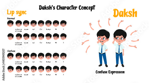 Confused school boy cartoon character lip sync, face expression & hand gesture