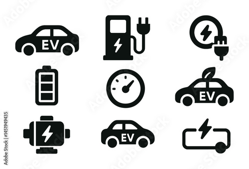 Electric vehicle solid icons set – ev, charging, battery and eco transport symbols
