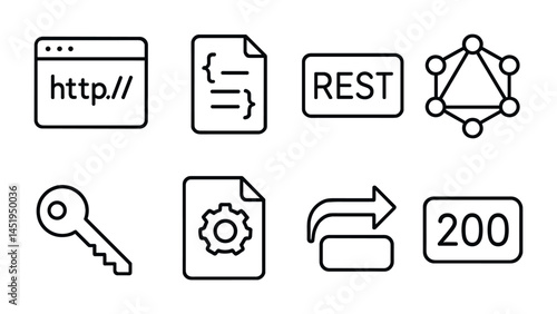 Web development outline icons set – coding, restful, tech symbols