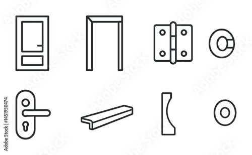Door hardware outline icons set – linear, silhouette, home improvement symbols