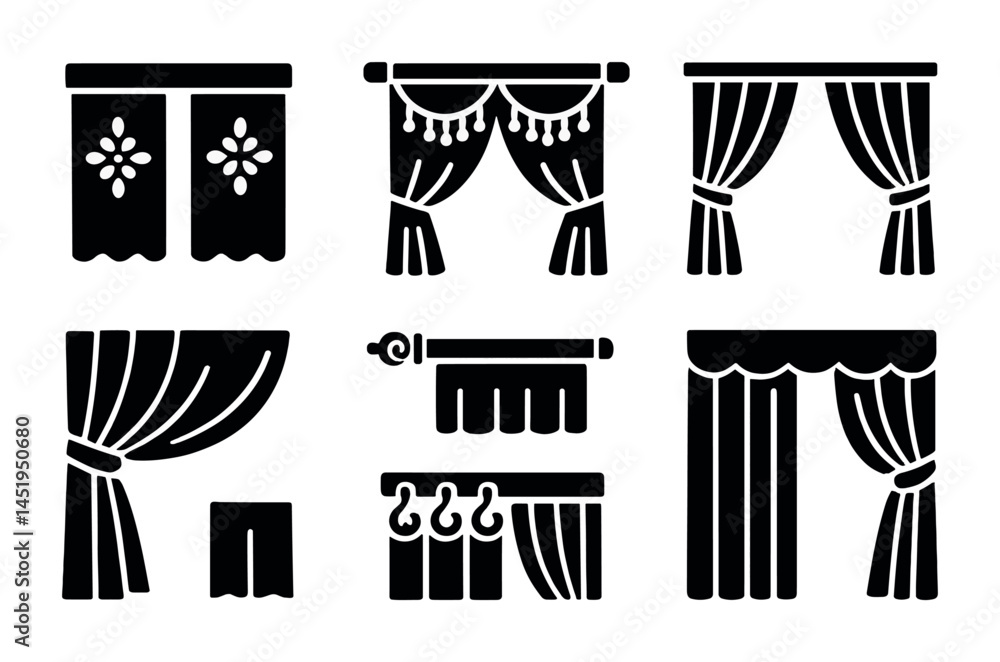 Curtains and drapes solid icons set – filled, window treatment and home decor symbols Curtains and drapes solid icons set – filled, window treatment and home decor symbols