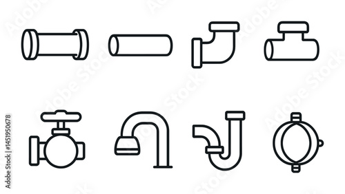 Plumbing and construction icons set – outline, linear, pipe and repair symbols