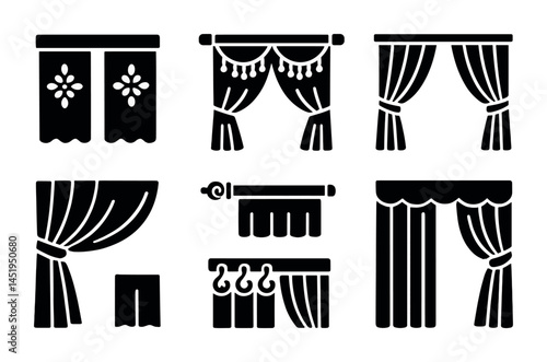 Curtains and drapes solid icons set – filled, window treatment and home decor symbols