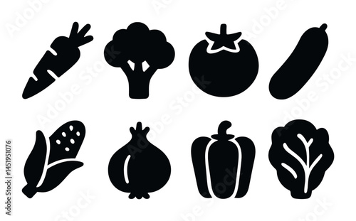 Vegetable solid icons set – silhouette, filled, gardening and cooking symbols