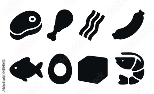 Protein food silhouette icons set – solid, filled, meat and seafood graphics