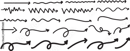 Hand drawn charcoal symbols for hand drawn highlights. Vector doodle drawing. Freehand curved arrows with vector