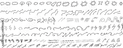 Hand drawn charcoal symbols for hand drawn highlights. Vector doodle drawing. Freehand curved arrows with vector