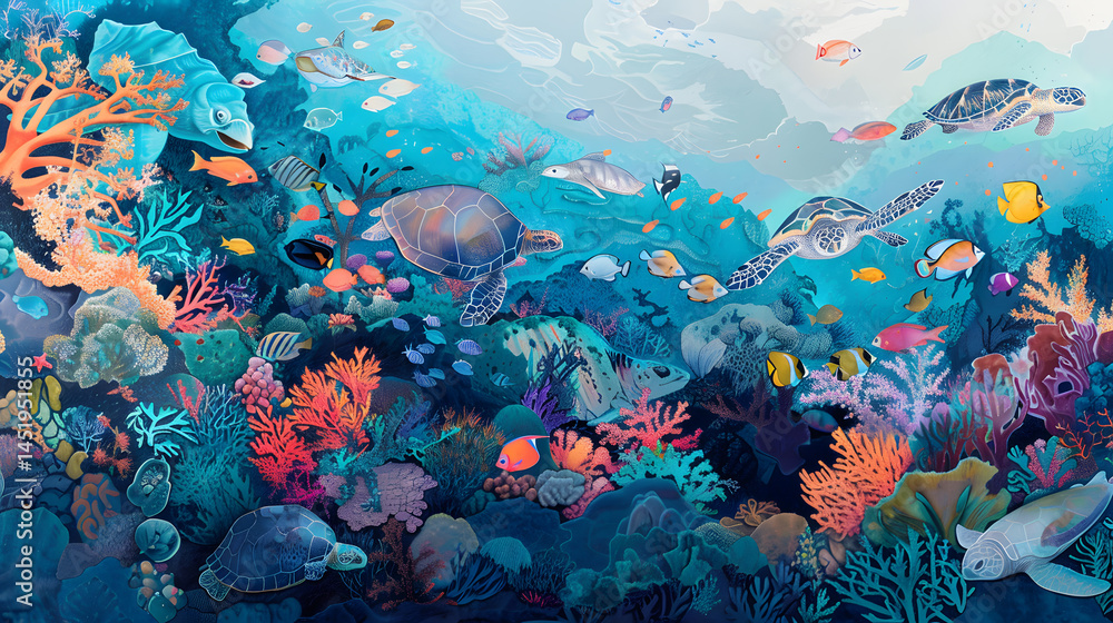 Fototapeta premium World Ocean Day, A vibrant coral reef filled with colorful fish sea