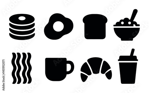 Breakfast food solid icons set – silhouette, filled, meal and snack symbols