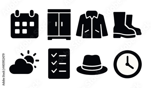 Daily essentials silhouette icons set – solid, filled, everyday and routine essentials