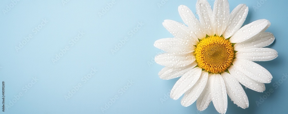 Fototapeta premium A single white daisy with water droplets on its petals lies on a light blue background.