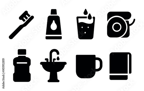 Daily hygiene silhouette icons set – clean, hygiene, bathroom essentials symbols