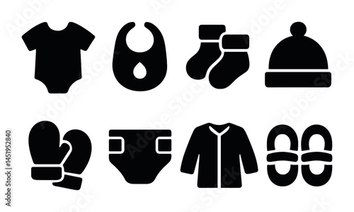 Newborn baby solid icons set – clothing, accessories, infant symbols