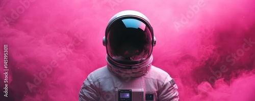 An astronaut in a spacesuit stands against a vibrant pink smoky background, creating a surreal and futuristic atmosphere.