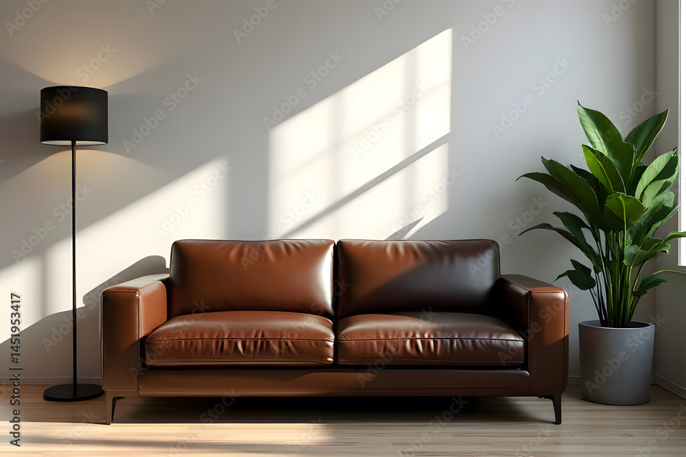 Fototapeta premium A dark brown leather sofa, next to it is a tall lamp, and on the other side is a green plant in a cement pot in the studio