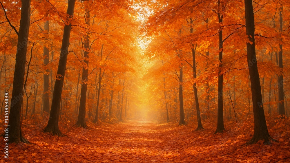Fototapeta premium Warm sunlight filters through a misty autumn forest, creating a magical atmosphere with vibrant orange leaves covering the ground and trees