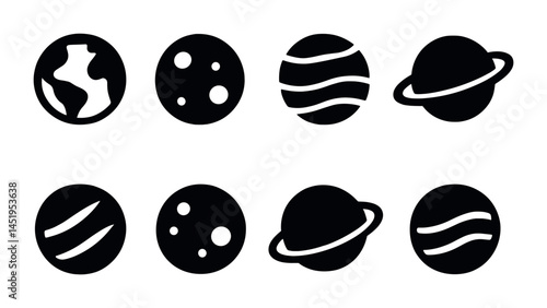 Space exploration solid icons set – silhouette, galaxy, planetary symbols