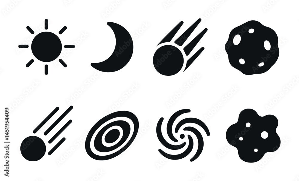 Space exploration outline icons set – linear, cosmic, astronomy and celestial symbols Space exploration outline icons set – linear, cosmic, astronomy and celestial symbols