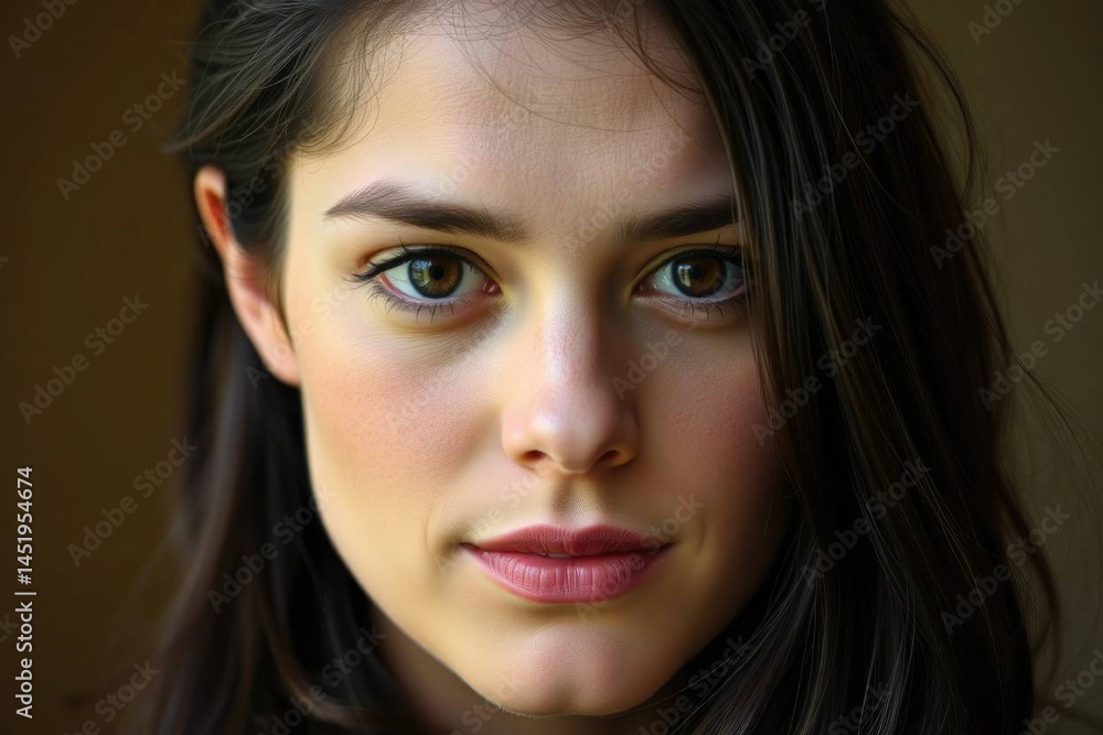 Intriguing Woman Portrait: Soft Light, Subtle Makeup, Pensive Gaze Intriguing Woman Portrait: Soft Light, Subtle Makeup, Pensive Gaze