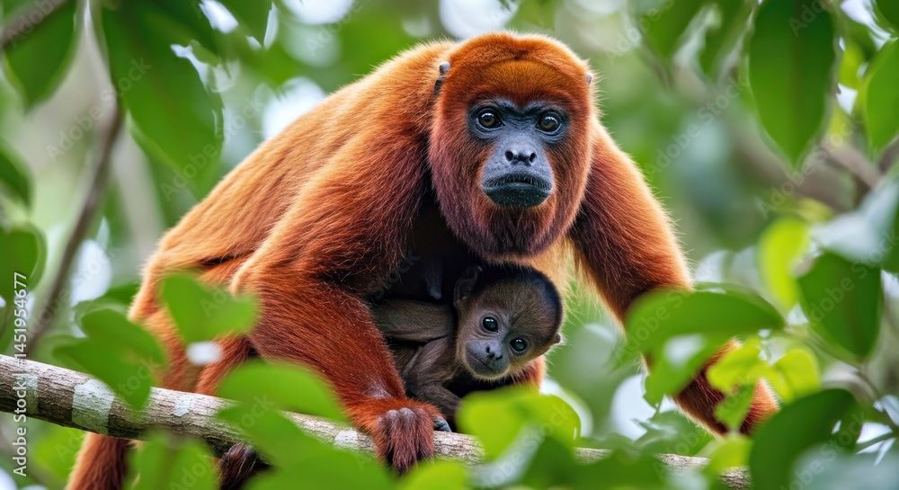 Fototapeta premium Caring Red Howler Monkey Mother Transporting Infant Through Dense Tree Canopy