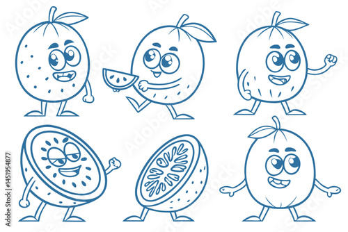 Cartoon Outlines of Happy Oranges and Kiwi Characters with Limbs for Coloring Books or Educational Materials.