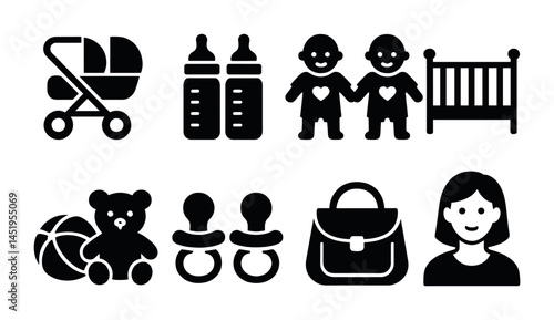 Baby and child silhouette icons set – solid, filled, toddler and nursery symbols