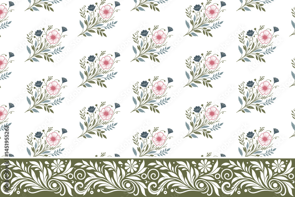 Fototapeta premium embroidery pattern design. one line sketch artwork. floral seamless border. hand drawn textile texture. outline botanical repeat. modern minimal petals