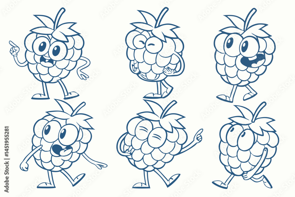 Set of Cartoon Raspberry Characters in Various Poses, Blue Outline Vector Illustration Isolated on White Background. Set of Cartoon Raspberry Characters in Various Poses, Blue Outline Vector Illustration Isolated on White Background.